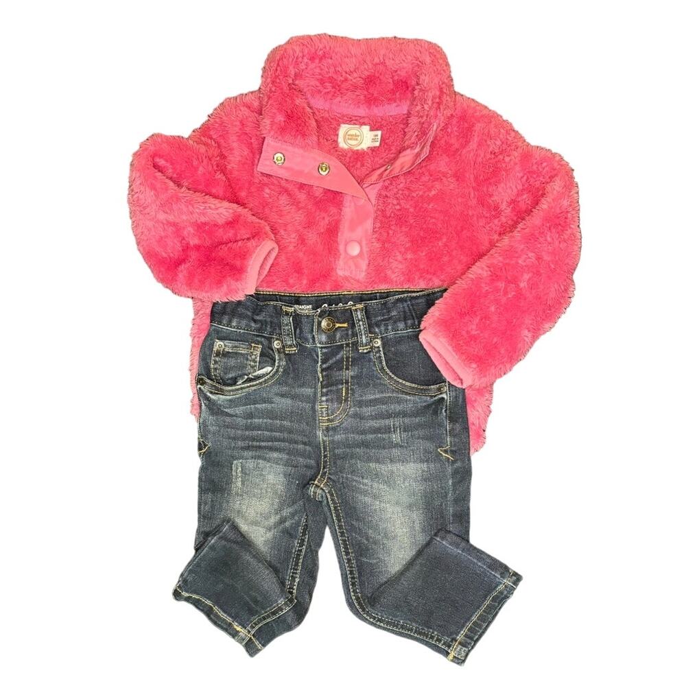 Cat & Jack Jeans + Fluffy Pink Pullover Jacket Bundle | Toddler Girl | 18 months